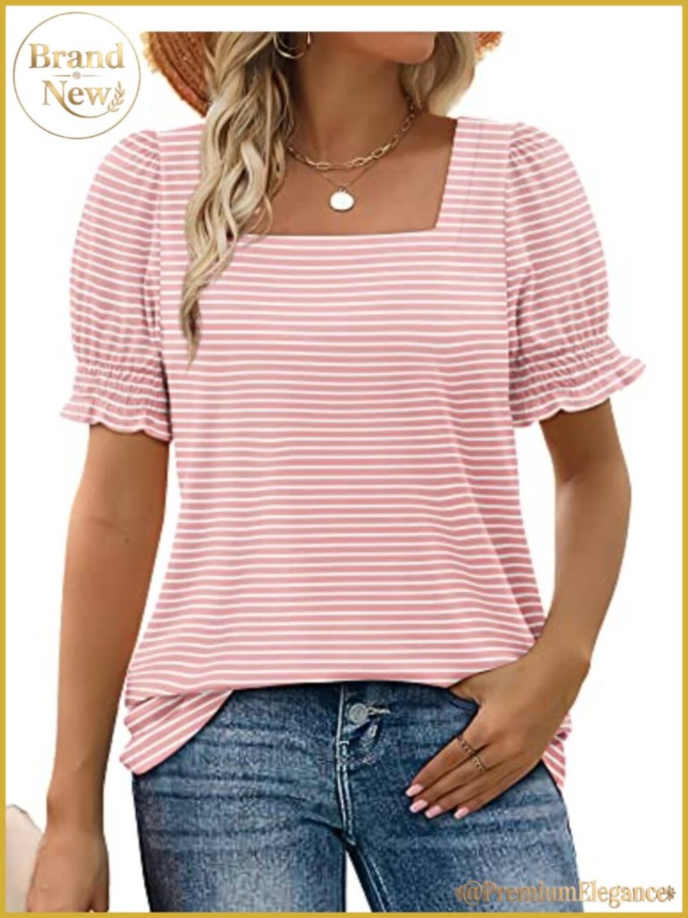 Womens Ruffle Trim Sleeve Square Neck Summer Casual T-Shirt